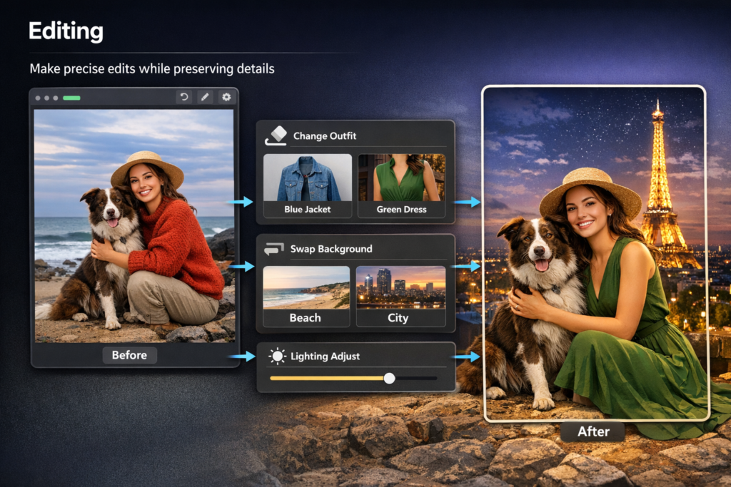 مدل GPT Image 1.5 می‌تواند ویرایش‌های بسیار دقیق روی تصاویر انجام دهد، به‌گونه‌ای که جزئیات اصلی مانند نور، ترکیب‌بندی، چهره‌ها و ساختار‌های بصری حفظ شود