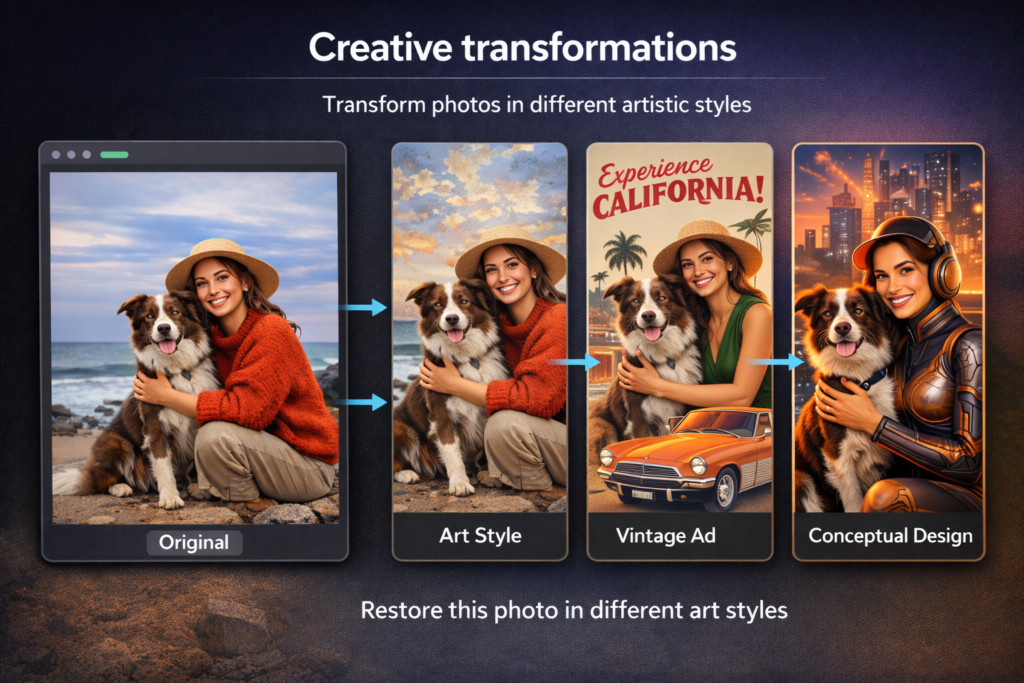یکی از جذاب‌ترین امکانات هوش مصنوعی GPT Image 1.5 در ChatGPT Images، توانایی تبدیل خلاقانه عکس‌هاست. این ابزار نه‌فقط ویرایش بلکه بازآفرینی تصویر را با سبک‌های هنری، پالت رنگی متفاوت و ترکیب موضوعی انجام می‌دهد.مثلاً می‌توانید عکس‌های واقعی را به سبک‌های مختلف هنری، پوسترهای تبلیغاتی یا طراحی‌های مفهومی تبدیل کنید. این انتزاع هنری کمک می‌کند تا از ابزار در پروژه‌های تبلیغاتی، طراحی برندینگ، پوسترها و محتوای شبکه‌های اجتماعی بهره بیشتری ببرید.